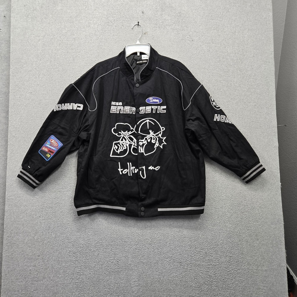 Aelfric Eden Men Jacket M Black Energetic Varsity Embroidered Streetwear Snap